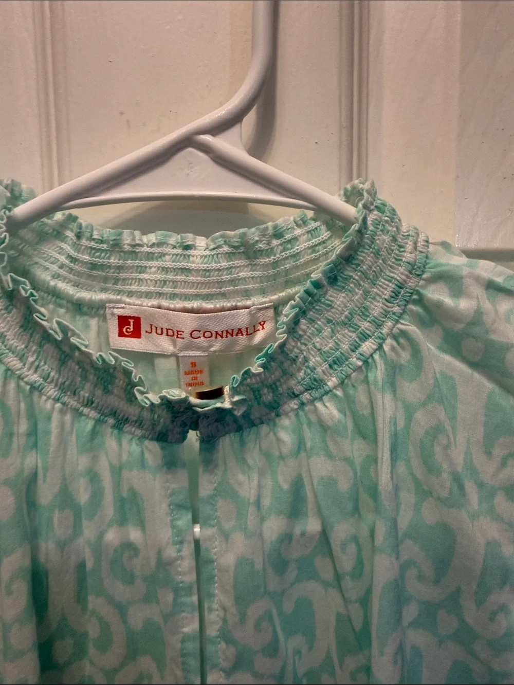 Jude Connally Aqua and White Printed Smocked Neck Blouse - Picture 2 of 4